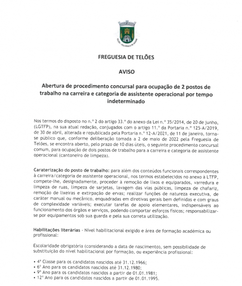 Abertura de procedimento concursal para a ocupa&ccedil;&atilde;o de 2 postos de trabalho na carreira e categoria de assistente operacional por tempo indeterminado. 